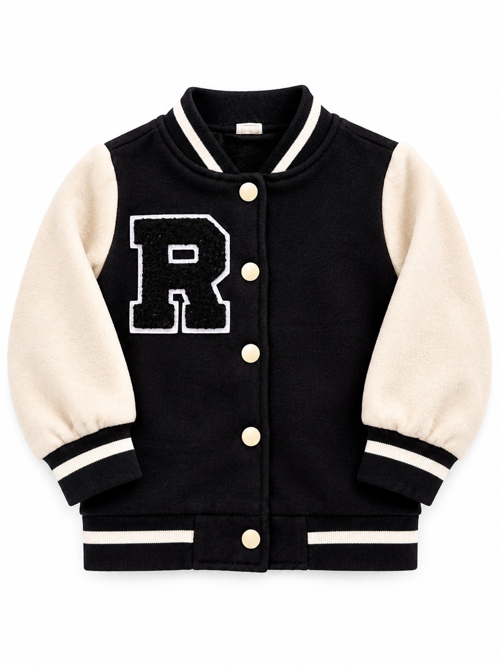 Toddler Varsity Letterman Jacket 2T Black Cream Snap Front Chenille Patch